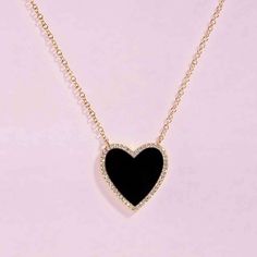 Medium Pave Outline Gemstone Heart Necklace - Eleonora Beracasa Black Heart Necklace, Heart Huggies, Pave Heart Necklace, Diamond Outline, Perfect Heart, Solid Gold Necklace, Heart Gemstone, Pink Enamel, Blue Lapis