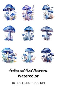 watercolor mushrooms and plants are shown in this image with the text fantasy and floral mushrooms