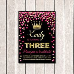 a black and pink birthday party with confetti on the bottom, gold foil lettering