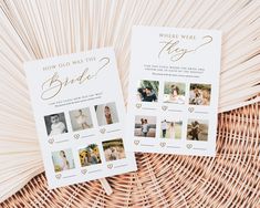 two wedding program booklets sitting on top of a wicker basket next to each other