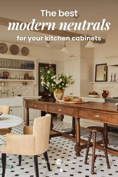 the best modern neutrals for your kitchen cabinets cover image with text that reads, the best modern neutrals for your kitchen cabinets