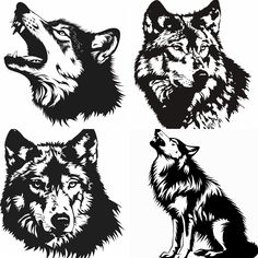 four wolfs are shown in black and white