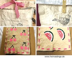 four different pictures of paper bags with designs on them, one has a bird and the other has cherries