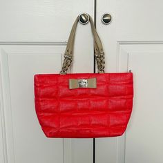 Never Used!! Beautiful Kate Spade Handbag!! Bag Is 14” Wide At The Top And 2” Deep Bag Is 9” High And Strap Is About 8” From Top Of The Bag To Peak 2 Open Interior Pockets And 1 Zippered Interior Pocket Beautiful Vibrant Coral Color With Nude Leather Straps And Gold Chain Accents Never Worn! In Perfect Condition! Smoke Free Pet Free Home Kate Spade Red Rectangular Shoulder Bag, Kate Spade Tote Satchel For Shopping, Kate Spade Shoulder Bag With Zipper For Errands, Kate Spade Shoulder Bag For Errands With Zipper, Kate Spade Red Tote Shoulder Bag, Kate Spade Rectangular Shoulder Bag With Zipper Closure, Kate Spade Rectangular Shoulder Bag With Zipper, Kate Spade Red Bags For Daily Use, Kate Spade Tote Bag With Handles