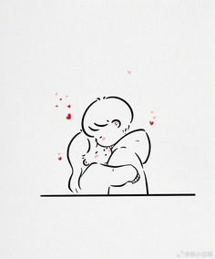 a drawing of a person hugging someone with hearts coming out of their arms and behind them