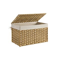 an empty wicker box with lid on white background