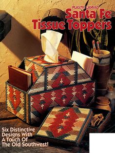 the cover of knitting magazine santa fe tissue toppers, featuring an old southwest blanket