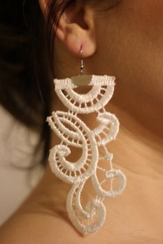 Ivory lace earrings, Wedding earrings, Ivory wedding earrings, Bridal earrings, Cotton earrings, Modern earrings, Crochet jewelry Earrings are light-weight and made with  cotton lace. These earrings are 4 inches (10.5 cm) long without the hook. Color: ivory ------ SHIPPING & DELIVERY TIMES All items are dispatched from Poland. Delivery time varies depending on your country and shipping method. ------  STANDARD SHIPPING: (registered air mail): Europe: 3 to 8 business days from the date of shippin Delicate Handmade White Chandelier Earrings, White Filigree Bridal Earrings For Wedding, Wedding Bridal Earrings With Filigree In White, Elegant White Filigree Bridal Earrings, Cotton Earrings, Earrings Crochet, Ivory Earrings, Lace Earrings, Le Crochet