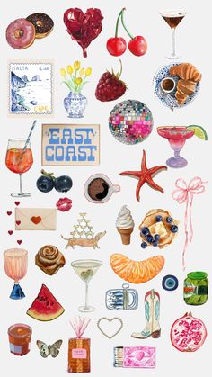 an assortment of food and drinks on a white background