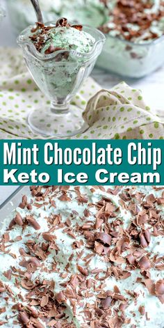 mint chocolate chip keto ice cream is in a glass dish and topped with whipped cream