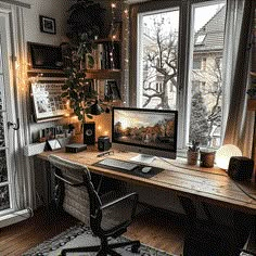 a desk with a computer on top of it in front of a window filled with christmas lights