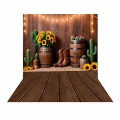 sunflowers and cowboy boots are sitting in front of a wooden wall with lights