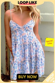 Fashion Casual Print Split Joint V Neck A Line Dresses Spring Cami Mini Dress, Spring Cami Dress For Day Out, Cami Dress For Day Out In Spring, Cami Dress For Spring Day Out, Summer Floral Print Cami Dress, Spring Cami Dress With Ruffles, Cami Dress With Ruffles For Spring, Cami Dresses With Ruffles For Spring, Multicolor Cami Dress For Summer