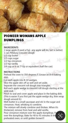 the instructions for how to make an apple dumpling recipe are shown in green and white