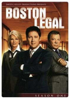 boston legal season one on dvd with two men standing in front of the tv set