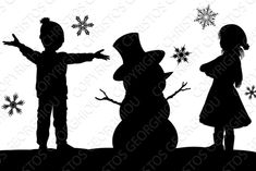 the silhouettes of two children standing next to a snowman