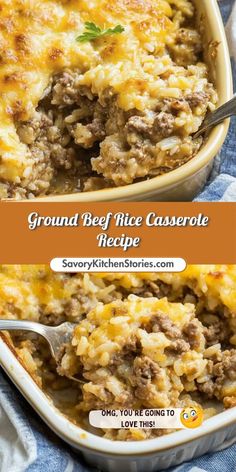 ground beef and rice casserole in a baking dish