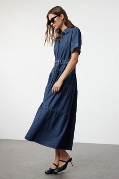 Stylish Belted Blue Jean Maxi Dress | Trendy Belted Jean Dress | Mid-Sleeve Belted Jean Dress | Knee-Length Casual Shirt Collar Denim Dress ✔️Colors may vary due to light differences in studio shootings. ✔️Wrinkles may occur during the shipping process. After receiving your clothing, you can wear it neatly like the model if you use a steam iron afterward. ✔️Model's Measurements: Height: 174 cm (5'9'') Bust: 83 cm (32 in) Waist: 60 cm (23 in) Hips: 89 cm (35 in) The model is wearing a size S/36/8 Fitted Denim Blue Belted Dress, Relaxed Fit Casual Maxi Dress For Work, Casual Relaxed Fit Maxi Dress For Work, Casual Maxi Shirt Dress With Pockets, Casual Relaxed Fit Belted Dress, Casual Denim Midi Length Shirt Dress, Belted Medium Wash Dress For Work, Blue Casual Maxi Length Shirt Dress, Belted Blue Denim Summer Dress