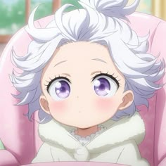 an anime character with white hair and blue eyes sitting in a pink chair looking at the camera