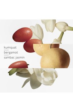 an image of flowers and fruits in the air with caption that reads, kumquat bergamoot sambac jasmin