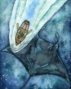 a painting of a whale with a boat in it's mouth and watercolors on paper