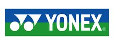 the yonex logo is shown in white and blue, with green stripes on it