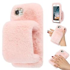 a pink fuzzy case with jewels on the front, and an iphone in the back