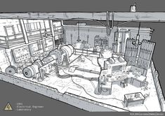 a drawing of a machine room with equipment in the floor and on the wall as well as pipes