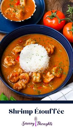 shrimp etoufee with white rice and tomatoes in a blue bowl on a wooden table