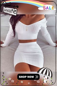 Sexy V-neck Pit Strip Off-shoulder Knit Two-piece Suit Fitted Off-shoulder Crop Top For Winter, Winter Fitted Off-shoulder Crop Top, Winter Off-shoulder Fitted Crop Top, V-neck Crop Top For Night Out, V-neck Crop Top For Night Out In Winter, V-neck Crop Top For Winter Night Out, Winter V-neck Crop Top For Night Out, Ribbed V-neck Top For Parties, V-neck Ribbed Top For Parties