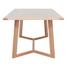 a wooden table with an angled design on the top and bottom, against a white background