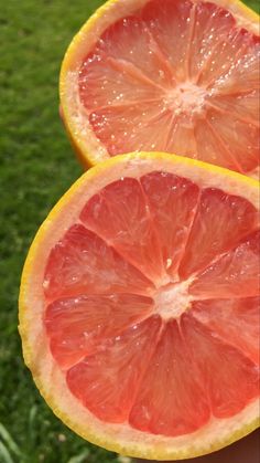 two grapefruits cut in half on the grass