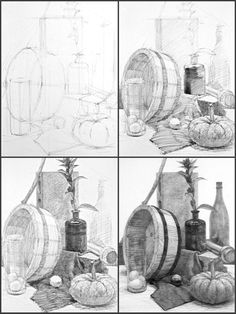 four different views of wine barrels and pumpkins in various stages of drawing, including the process