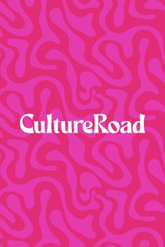 the words culture road are in white letters on a pink background with swirly shapes