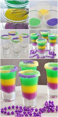 there are many different shots in the cup with purple and green sprinkles