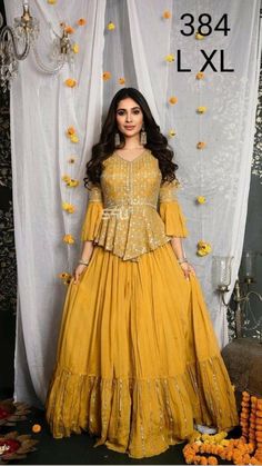 Haldi Dress Ideas, Flower Print Long Dress, Haldi Wear, Haldi Ceremony Outfit, Haldi Dress, Haldi Outfits, Haldi Outfit, Function Dresses