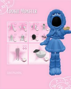 the cookie monster is standing in front of some cookies and other items on pink background