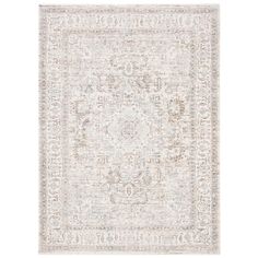 an antique style rug in white and beige tones with a medallion design on the center