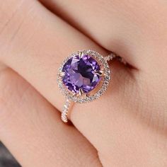 Sale Halo Amethyst Engagement Ring Rose Gold Diamond Band Amythest Engagement Rings, Elegant Diamond Amethyst Ring For Weddings, Elegant Amethyst Wedding Ring With Center Stone, Elegant Amethyst Ring With Round Stone For Wedding, Elegant Amethyst Halo Ring For Anniversary, Elegant Purple Diamond Ring For Anniversary, Elegant Amethyst Ring With Halo Design For Anniversary, Elegant Round Amethyst Ring For Wedding, Halo Setting Wedding Jewelry