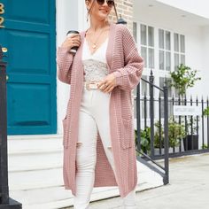 Dusty Pink Casual  Long Sleeve Acrylic Plain Cardigan  Slight Stretch Spring/Fall Plus Size Knitwear Cardigan Rosa, Plain Cardigan, Cardigan Plus Size, Longline Cardigan, Plus Size Cardigans, Cardigan Outfits, Cardigan Long, Pink Jacket, Online Dress Shopping