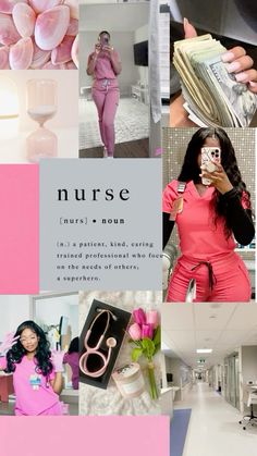 a collage of photos with the words nurse on it and images of women in pink