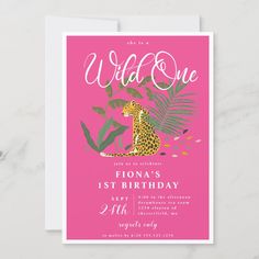 a pink birthday card with a cheetah and palm leaves