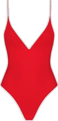 Red V-neck Summer Swimwear, Chic Red Triangle Top Swimwear, Chic Red Bodysuit For The Beach, Red V-neck Bodysuit For Beach Season, Chic Red Swimwear For Poolside, Chic Red Lined Swimwear, Red V-neck Bodysuit For Vacation, Red V-neck Bodysuit For The Beach, Red V-neck Swimwear For Pool