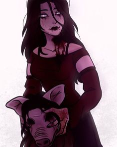 a drawing of a woman and a dog with blood on their faces, in front of a white background