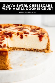 a cheesecake is cut into slices on a white plate