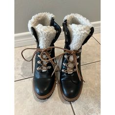 Nine West Penni Fur Booties/Lace Up Sherpa Combat Heeled Lined Women's Size 10m, Never Worn, Great Condition, Nwot, Heel Is 3.5", Laux Leather, Faux Shearling Upper, Side Zipper For Easy On/Off Winter Lace-up Closed Toe Boots In Synthetic, Winter Lace-up Medium Width Booties, Nine West Shoes, Nine West, Black Boots, Combat Boots, Bootie Boots, Womens Boots, Ankle Boots