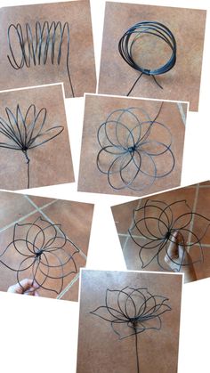 four different pictures of wire work with scissors and wires attached to the top of them