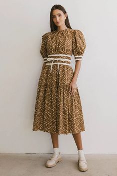 mustard midi dress Ditsy Floral Dress, Bodice Dress, Tie Shorts, Ditsy Floral, Tiered Skirt, Floral Midi Dress, Waist Length, Contrast Trim, Puff Sleeves