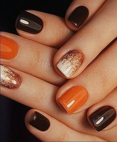 Pics edited by AirBrush App. Summer nail ideas using orange and black colors and can't miss glitter. #airbrush #retouch #photoeditor #filter #summer #nails #ideas #orange #black September Nails, Fall Gel Nails, Cute Nails For Fall, Nail Polishes