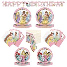 disney princess birthday party supplies including plates, napkins and cake toppers with the words happy